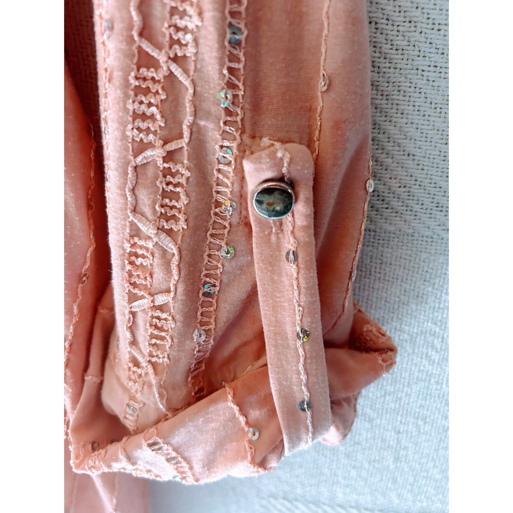 Pintick Popover Roll Tab Sleeves Sequin Tye-Dye Peach Dip Dye Boho Top SZ S - Picture 4 of 9